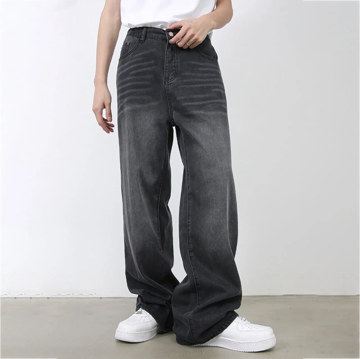 Vintage Simple Style Men's Jeans Fashion Washed Casual Wide Leg Denim Pants Autumn Winter Retro Loose Male Trousers Blue Jeans