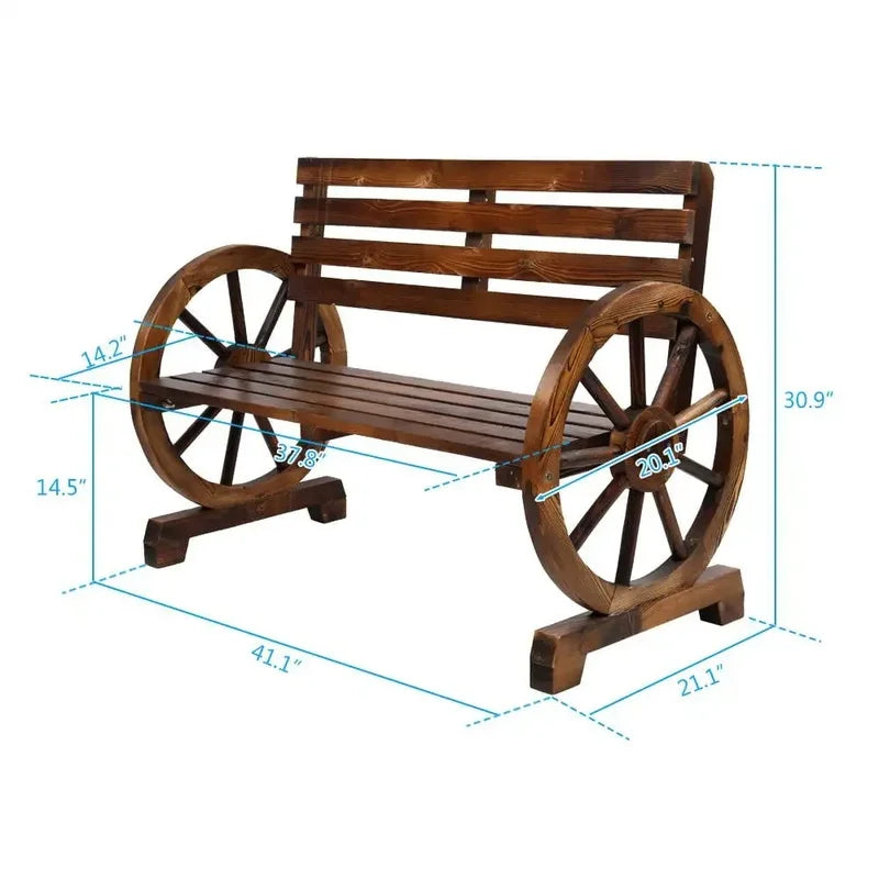 Rustic Fir Wood Garden Bench, Outdoor Wagon Wheel Wooden Loveseat, Brown Patio Bench for Outdoors