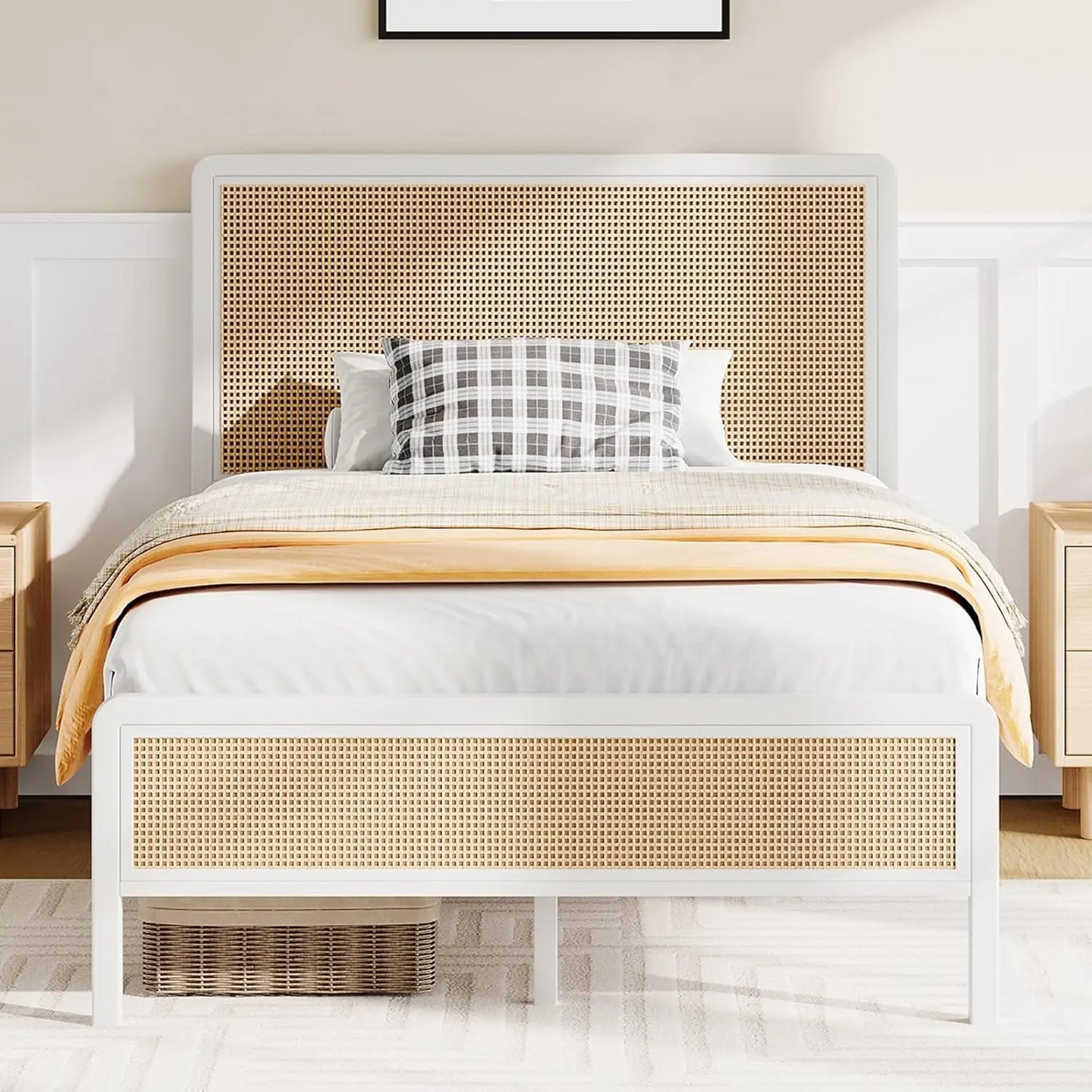 Rattan Frame Full, Boho Frame with Headboard, Metal Platform Bed Frame, Rattan Beds Frames with Steel Slats Support