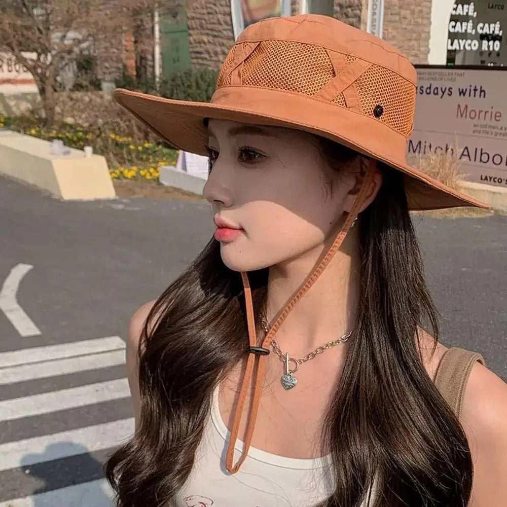 Summer Men Bucket Hat Outdoor UV Protection Wide Brim Panama Safari Hunting Hiking Hat Mesh Fisherman Hat Beach Sunscreen Cap