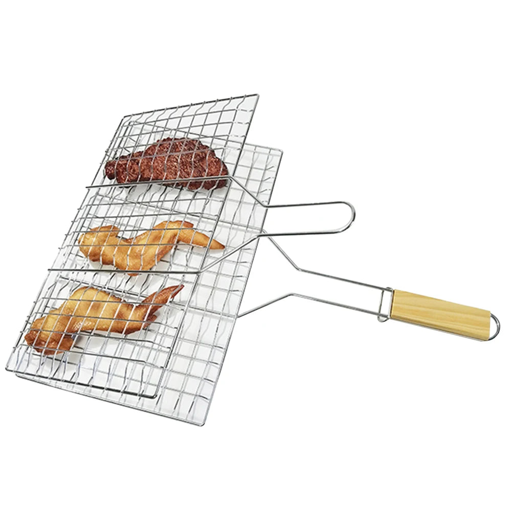 Portable Stainless Steel Grill Rack Outdoor Barbecue Fish Grilling Basket Wooden Handle Bbq Tool Camping Picnic Kitchen