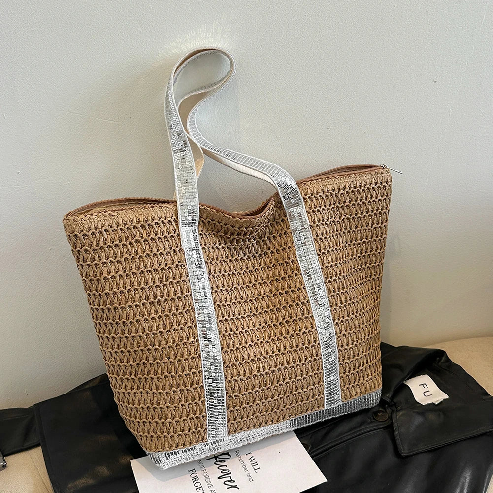 Women Straw Tote Handbag Large Capacity Sequins Simple Shoulder Bag Contrast Color Minimalist Tote Bag Ladies Summer Daily Bag