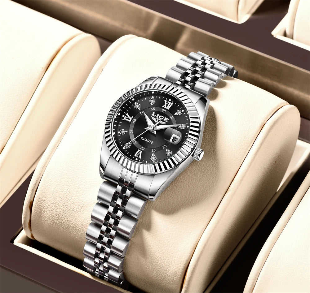 LIGE Fashion Woman Watch Stainless Steel Waterproof Auto Date Elegant Ladies Wristwatch Luxury Original Quartz Watch for Women