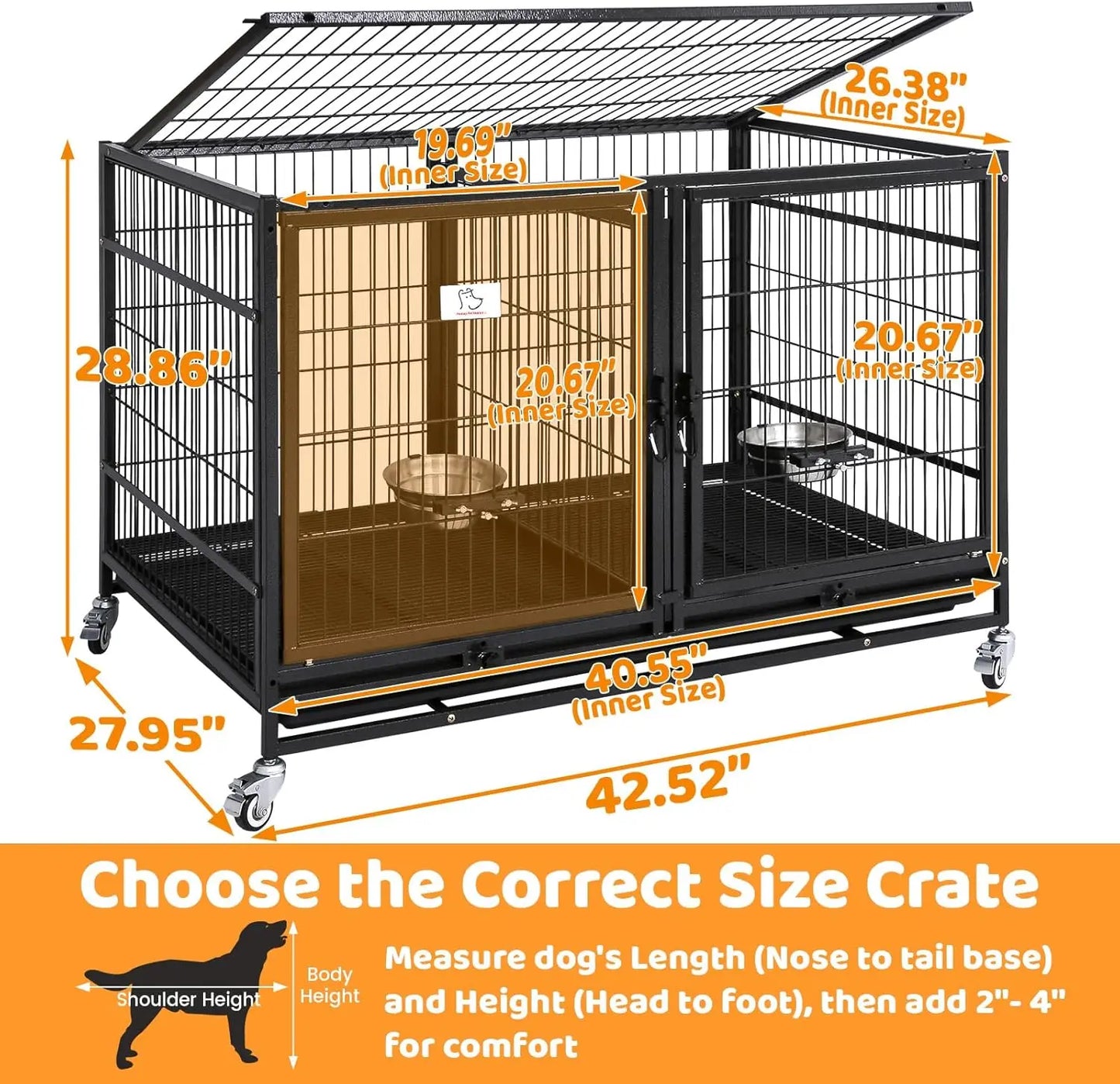 43 Inch Metal Open Top Stackable Heavy Duty Dog Cage Kennel with Three Door, Metal Floor Grid, Tray, Wheels, Divider and Feeding