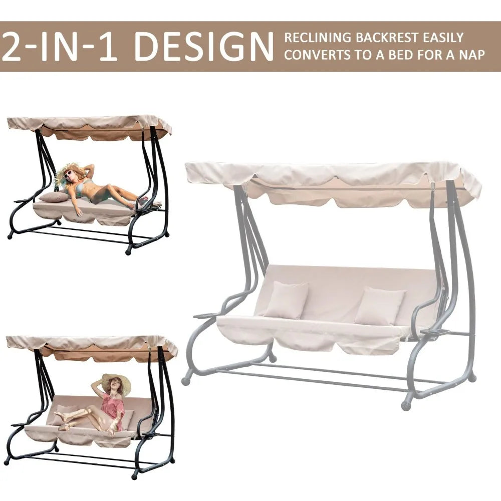 Garden Swing Chair, 2-in-1 3 Seater Convertible Swing Chair with Tilting Canopy, Cushioned Seat and 2 Pillows, Patio Swing Bench
