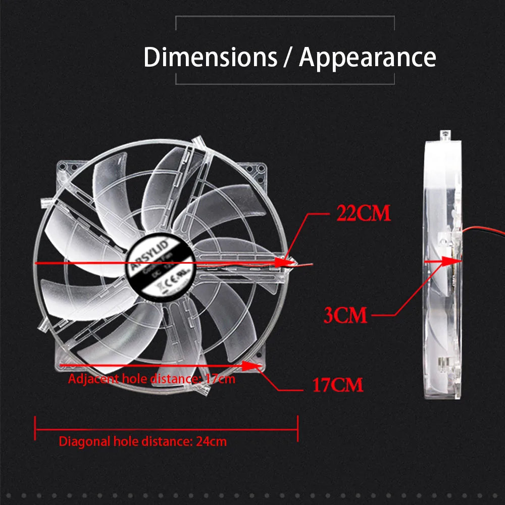 22cm Large Size Slient Cooling Fan 22030 220mm Thickness 30mm Quiet Transparent Frame Blade With Protective Mesh