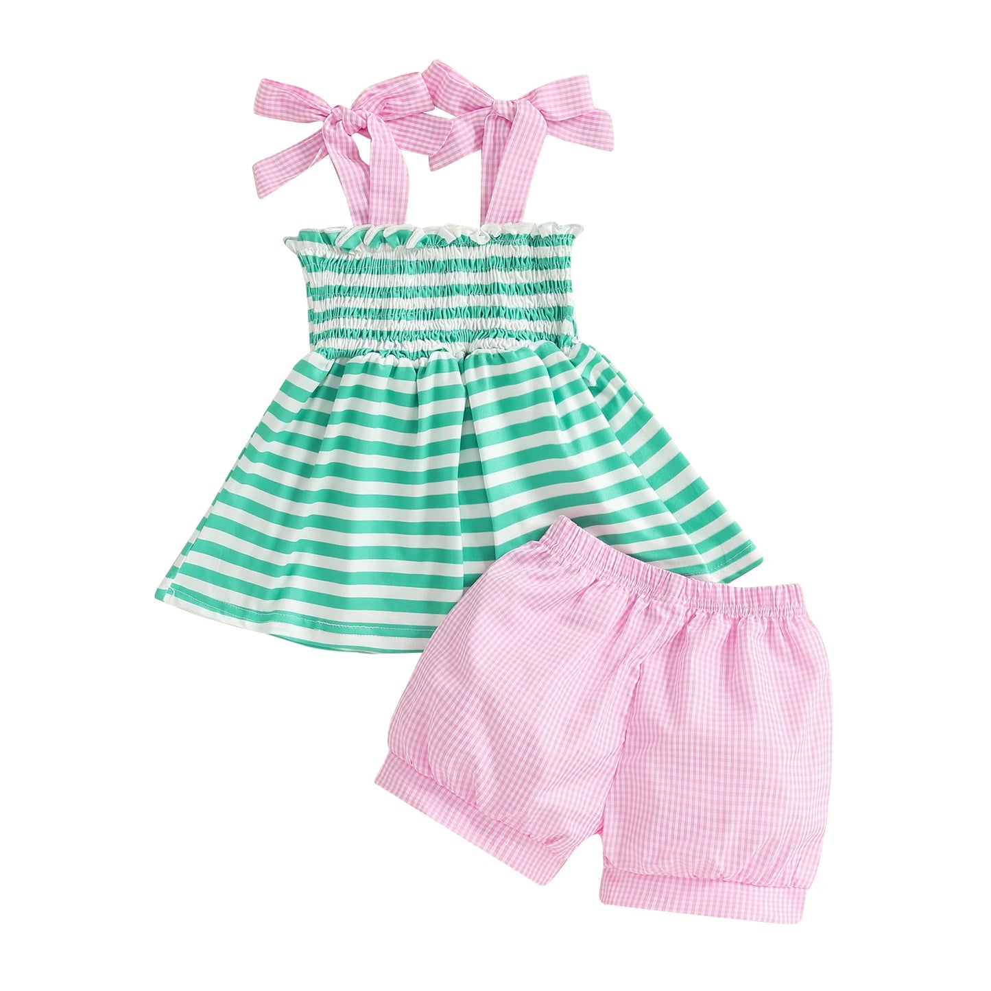 Baby Girls Summer Outfits Golf Embroidery Striped Camisole and Elastic Plaid Shorts Set Fashion Cute Clothes