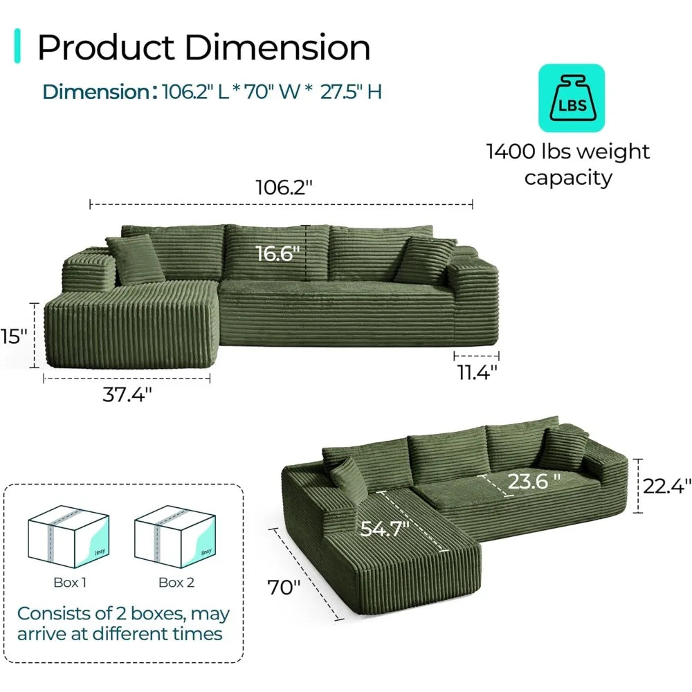 Modular Sectional Sofa: 106'' Corduroy Cloud Couch L Shaped Sofas with Deep Seat Comfy Fluffy Plush Couches for Living Room Apa