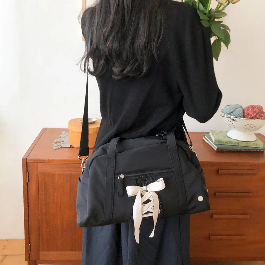 Ribbon Bow Gym Bag Fashion Shoulder Bag Large Capacity Casual Clutch Handbag Multi-pockets Waterproof for Gym Fitness
