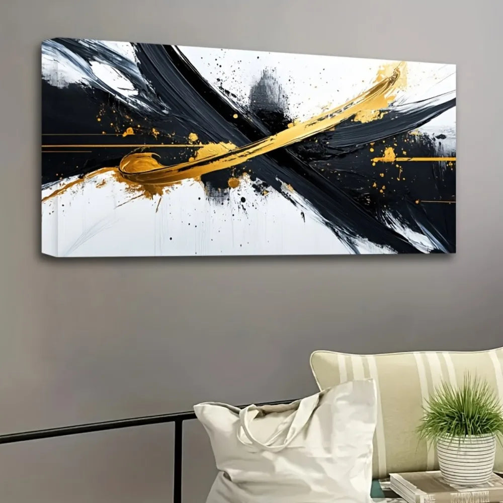 Framed black and white abstract canvas mural, home office decor, pine solid wood frame, 1.5 inches thick