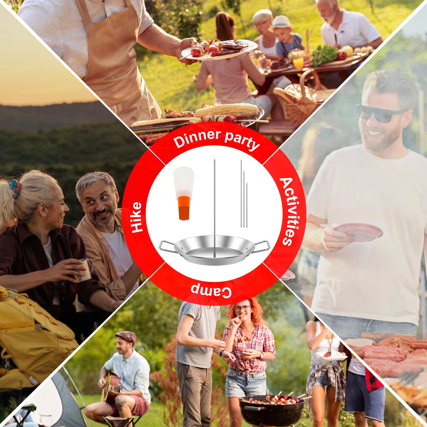 Vertical Skewer Stainless Steel Grill Shawarma Skewer Stand with Oil Bottle Brush for Kitchen Outdoor Picnic BBQ Roast Meat Tool