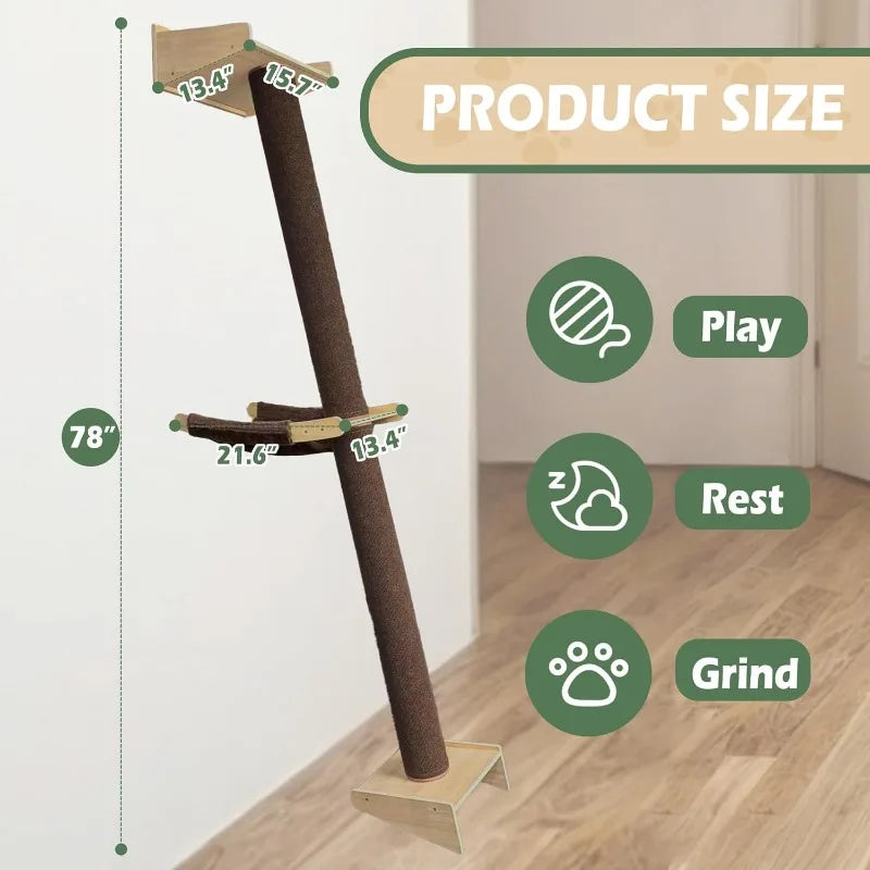Wall Mounted Cat Tree 6.6ft, Floor to Ceiling Cat Tree, Cat Climbing Tower with Hammock and Perch, Tall Cat Scratching Post