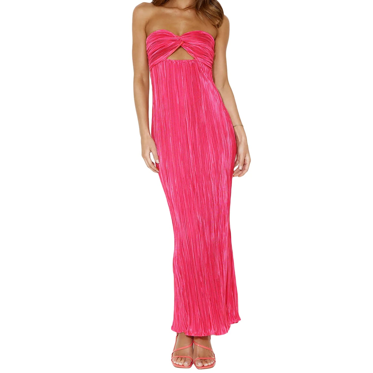 Women Long Bodycon Dress Solid Color Strapless Cutout Ruched Boat Neck Backless Tube Dress Summer Party Dress