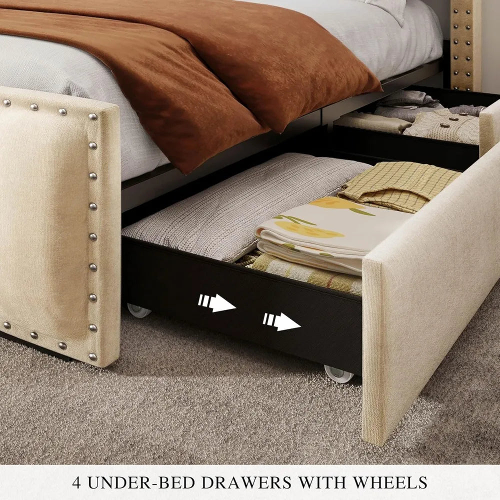 Queen Size Bed Frame with 4Storage Drawers and RGB LED Lights, Velvet Upholstered Platform Bed with Charging Station and Storage