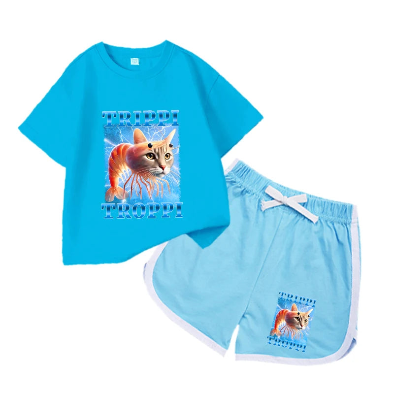 2Pcs Italian Brainrot Summer Children's Casual Set for Boys Girls Loose Short Sleeved Breathable and Comfortable Set Tracksuits