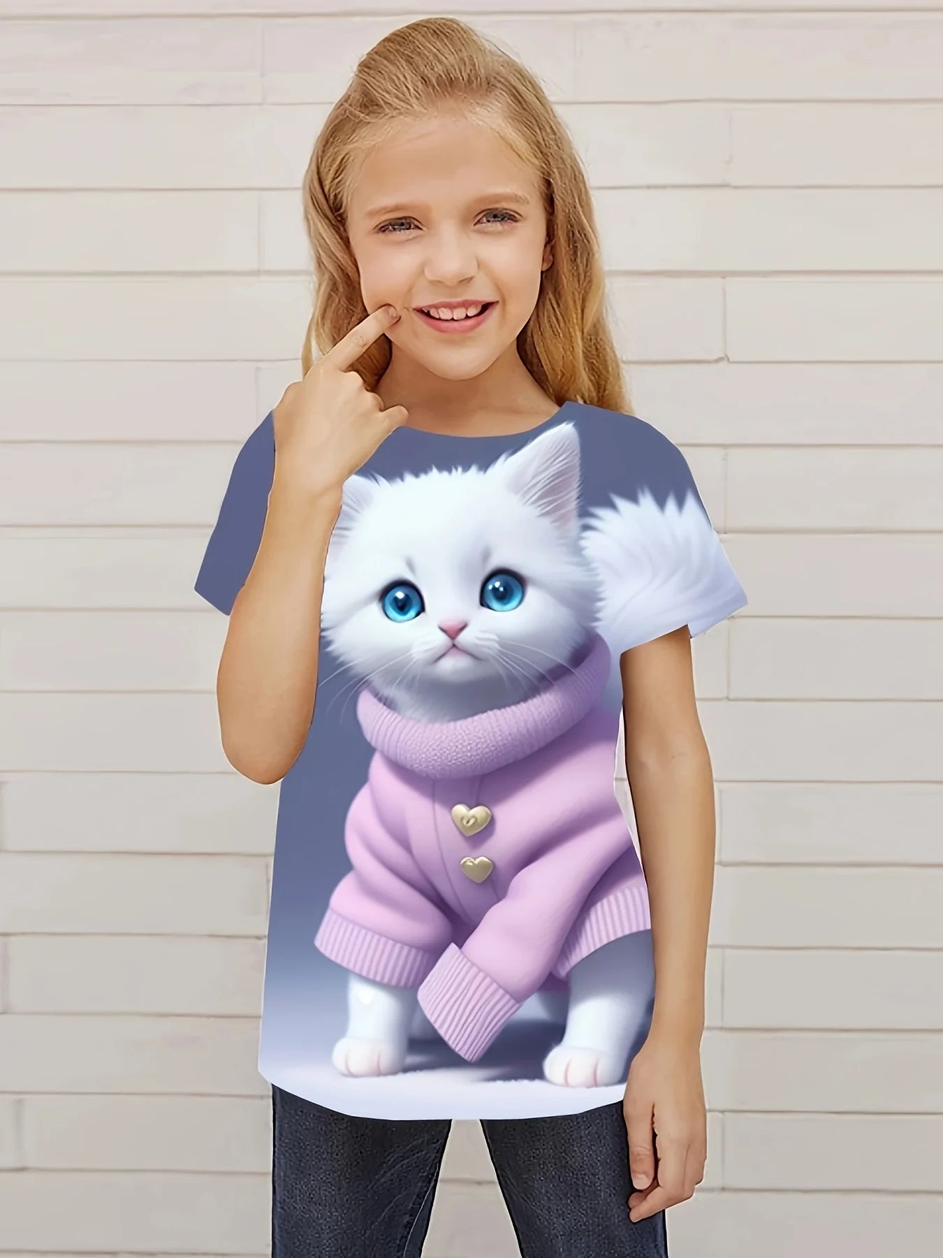 T-Shirt for Girls Cute Kitten Girls Clothes Kids T-Shirt Summer Short Sleeve Children Outdoor Sports Tops T-Shirt for Girls