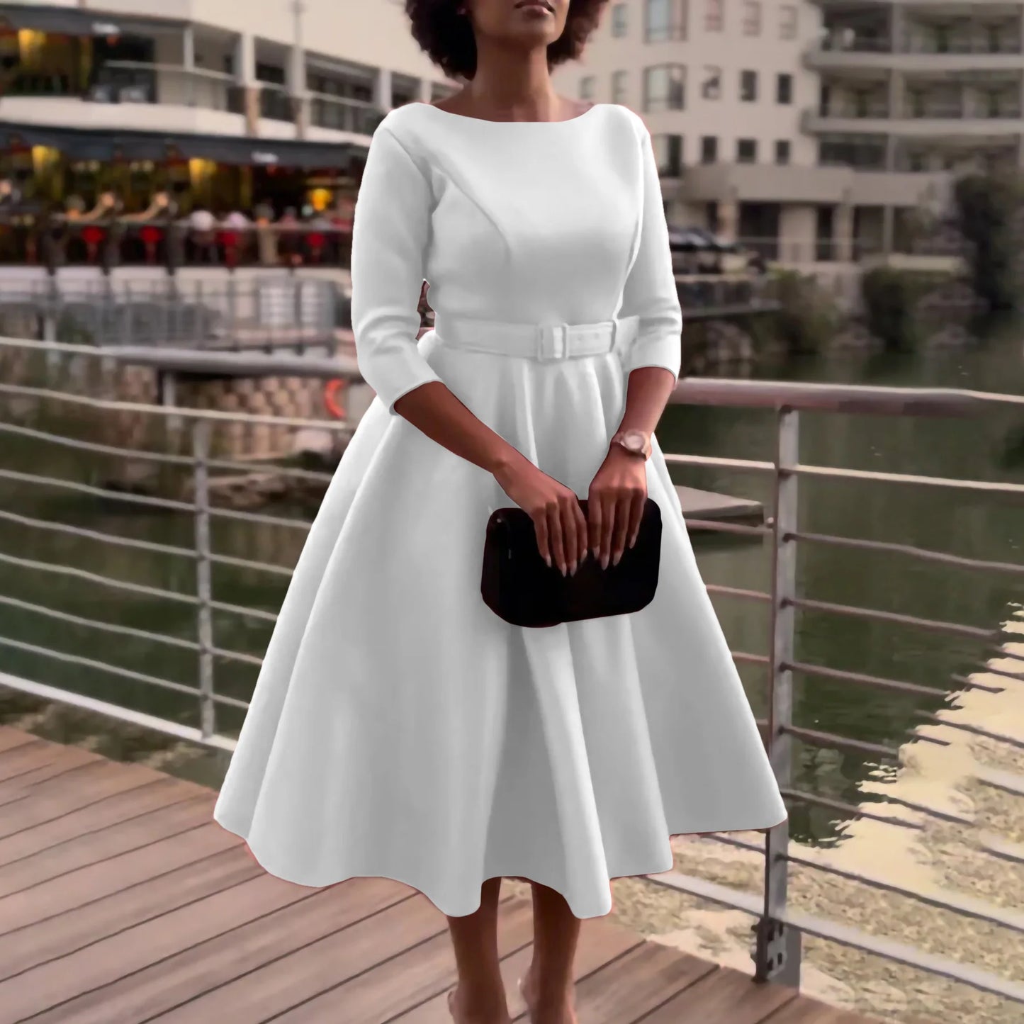 Elegant Women Party Dresses A Line with Waist Belt Three Quarter Sleeves Classy Office Ladies Wedding Guest Gowns Female Dress