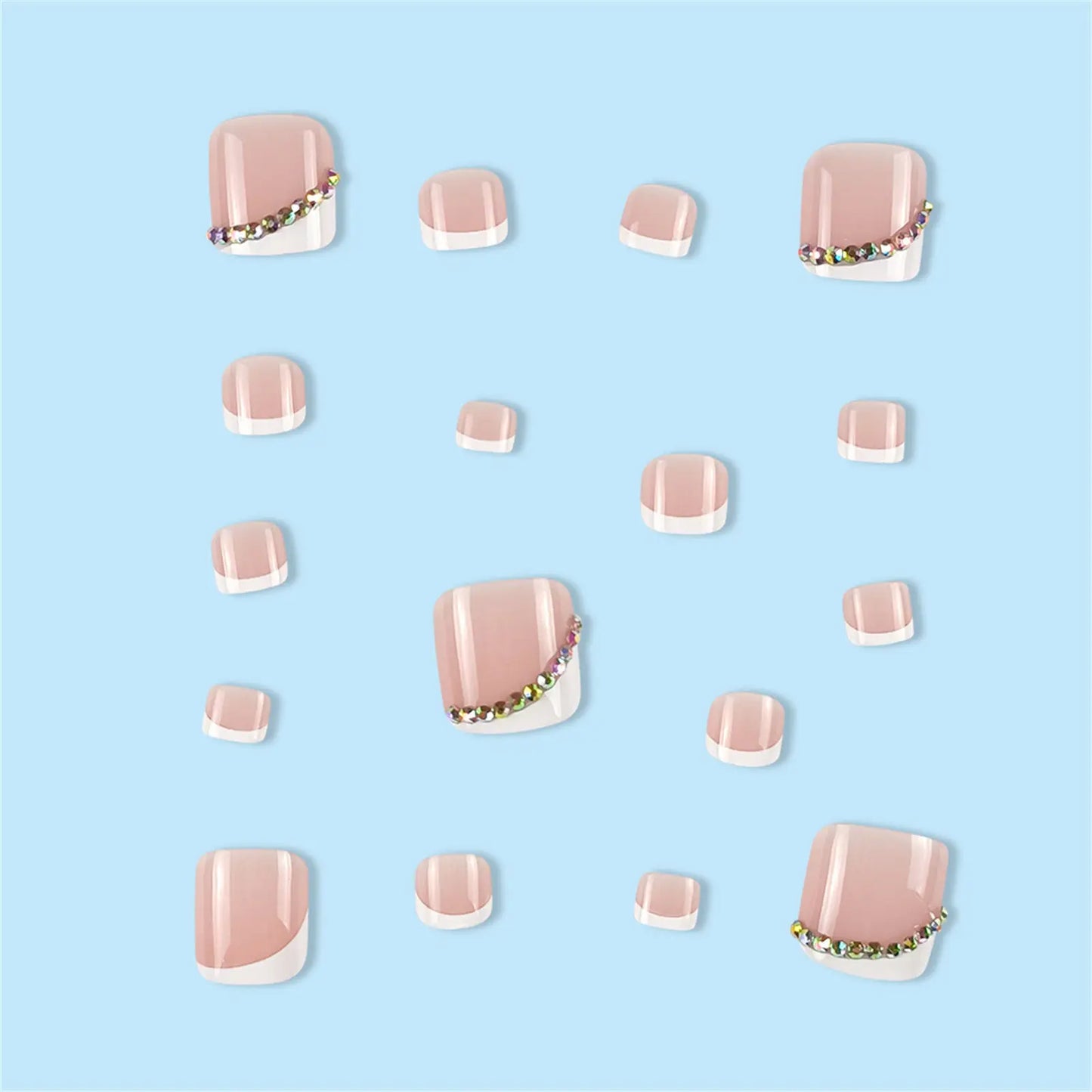 Nude Color False Toenail with Rhinestones Short Square Style Glossy False Nail with Glue for Women Manicure DIY Tool