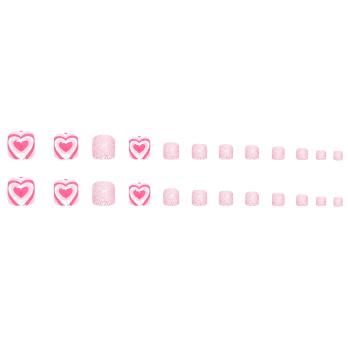 24pcs Shiny Pink False Toe Nails with Love Heart Design Summer Press on Toenails Fashion Sweet Girls Manicure Fake Toenail Patch