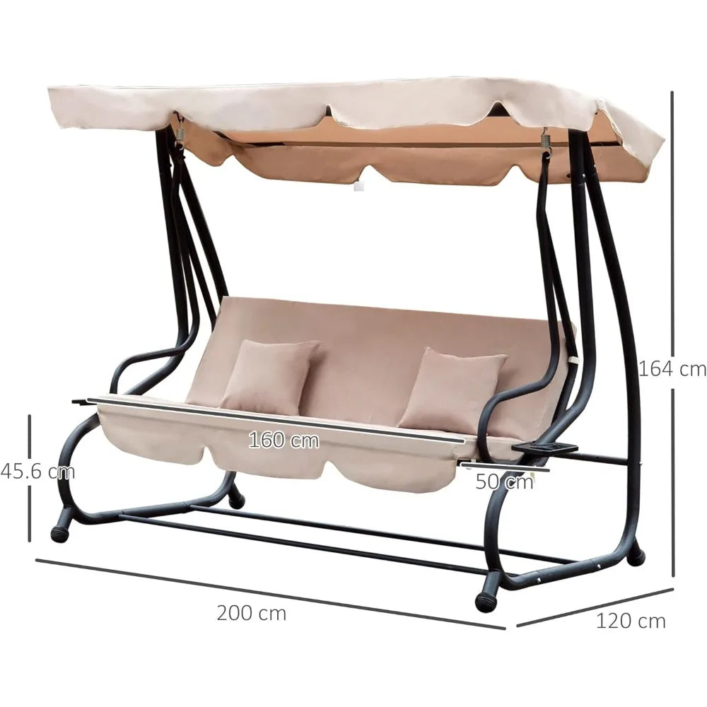 Garden Swing Chair, 2-in-1 3 Seater Convertible Swing Chair with Tilting Canopy, Cushioned Seat and 2 Pillows, Patio Swing Bench