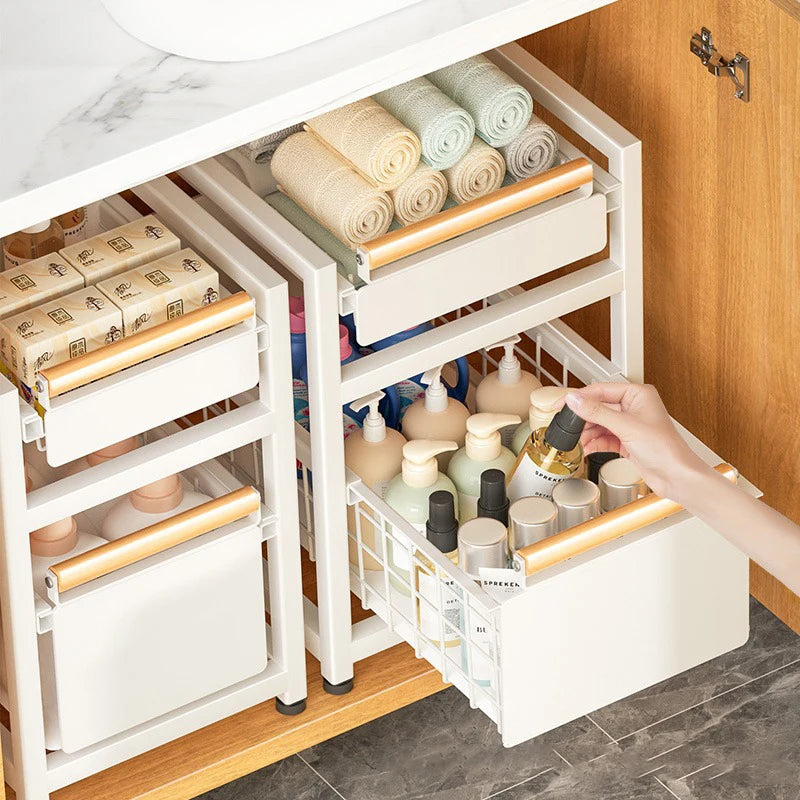 Kitchen Pull-out Basket Shelf Multifunctional Under Sink and Under Vanity Double Storage Shelf Save Space For Storage Items