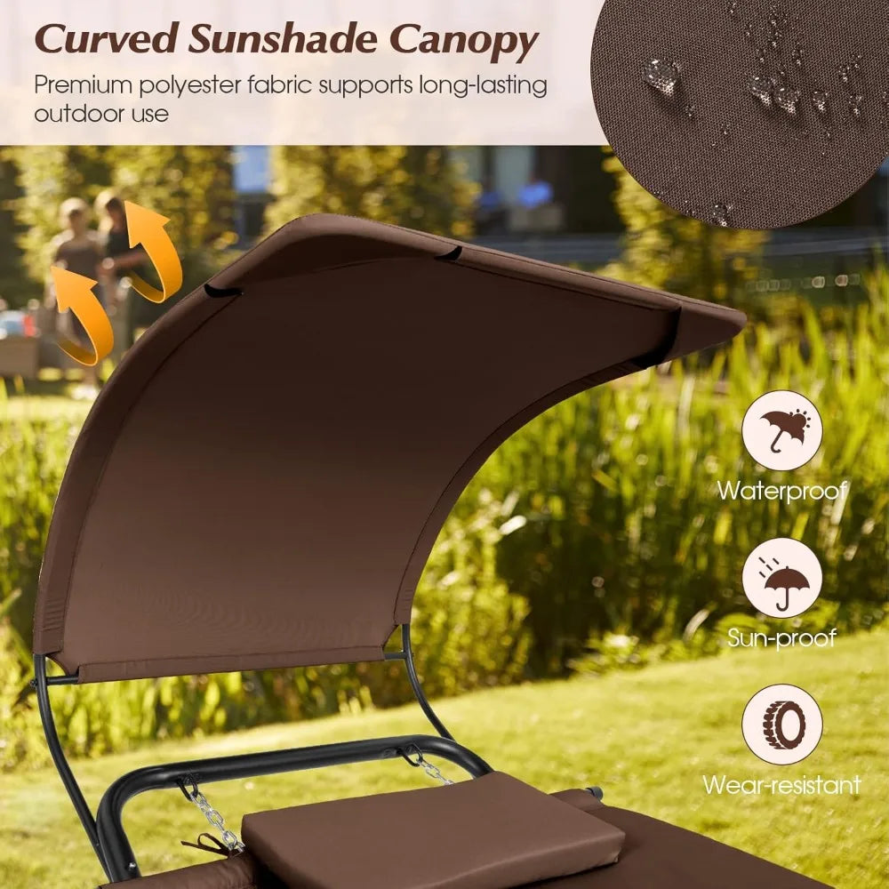 Outdoor Hammock, with Stand and Canopy, Patio Swing Hammock Bed with Cushion, Pillow & Storage Pocket, Hanging Chaise Lounge