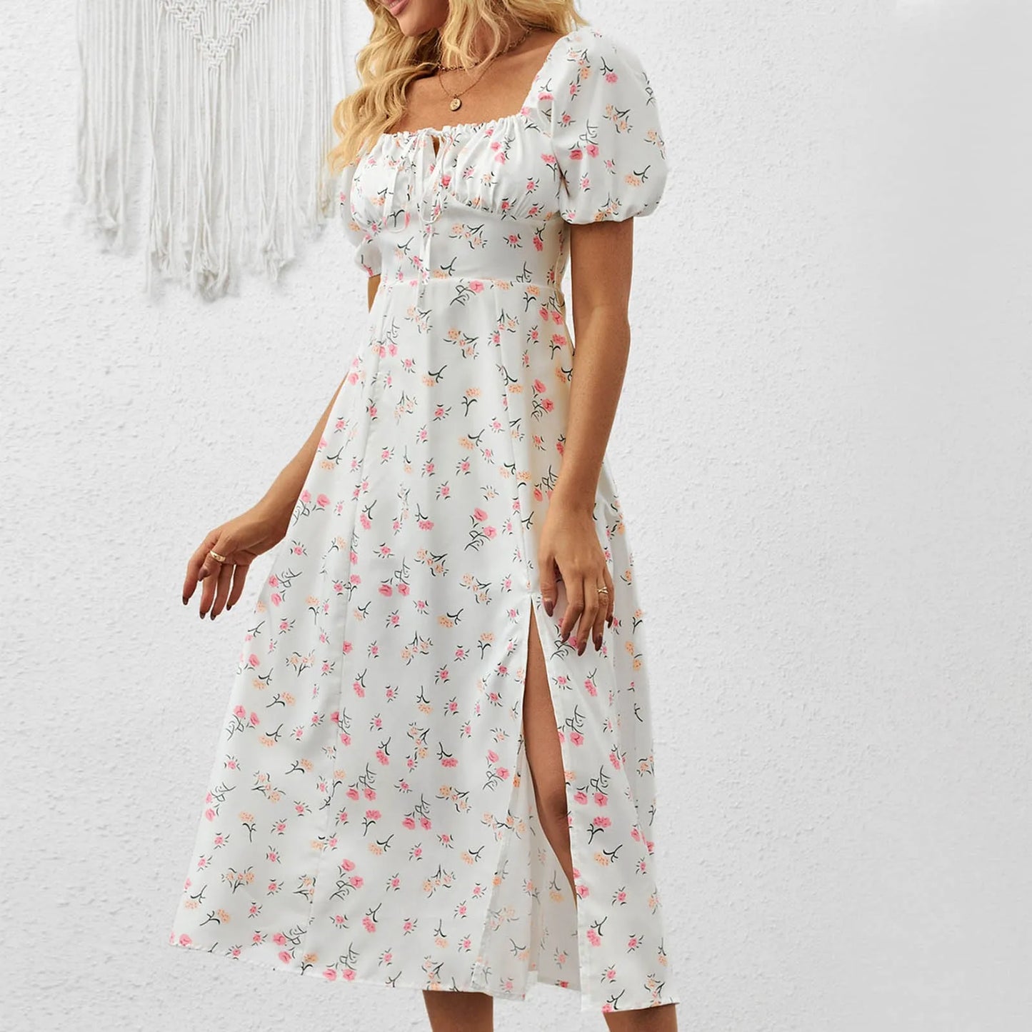 Women'S Summer New Dress Fashionable Solid Color High Waist Dress Floral Printed Short Bubble Sleeve Square Neck Dresses