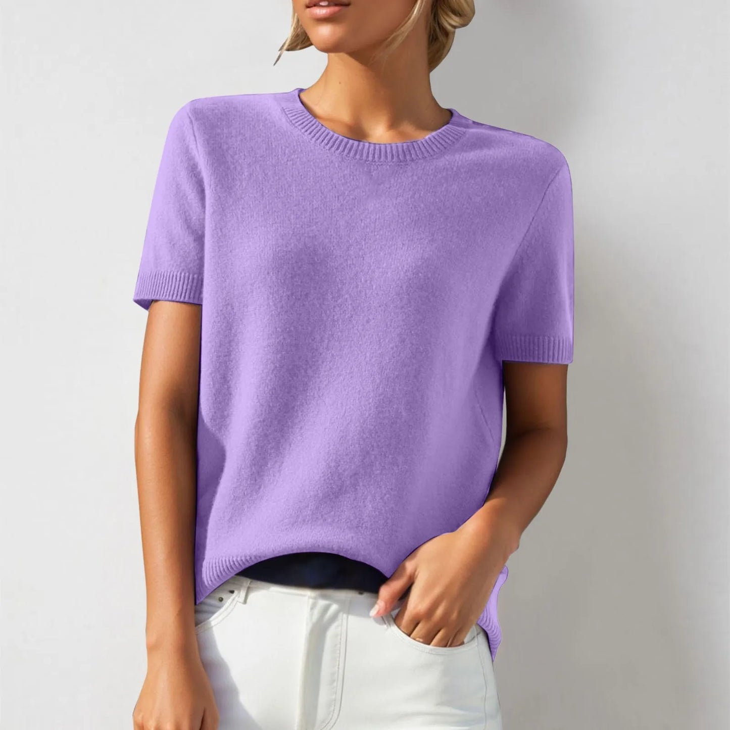 Elegant Solid Color Women Sweater Short Sleeve Knitted Sweater Round Neck Knitwears Pullover Tops
