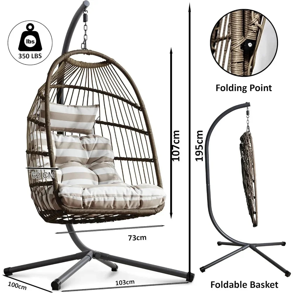 Egg Chair, Rattan Hanging with Cushion, Foldable Garden Patio Hammock Chair with Stand & Adjustable Height, Egg Chair