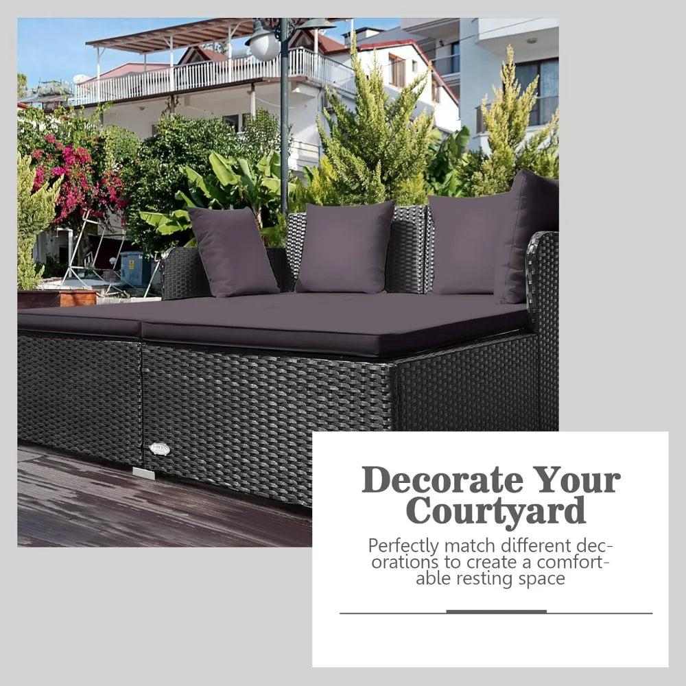 Outdoor Rattan Daybed, Patio Sofa Bed Sun Lounger Couch, Wicker Weave Loveseat Conversation Furniture Set, Deck Chair