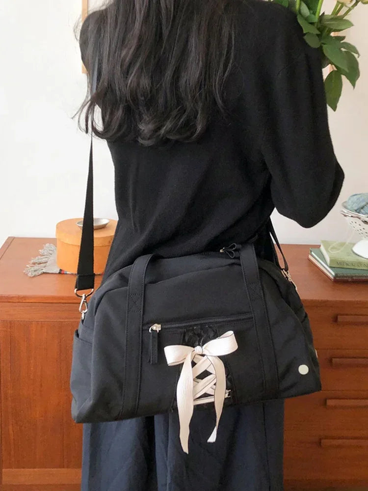 Ribbon Bow Gym Bag Fashion Shoulder Bag Large Capacity Casual Clutch Handbag Multi-pockets Waterproof for Gym Fitness