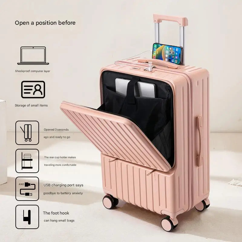 Luggage new large-capacity trolley case durable universal wheel Suitcase Portable Travel Case With Cup Holder USB Charging Port