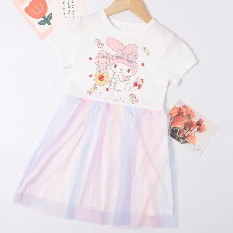 Sanrio Kuromi Girls Fashion Short Sleeve Dresses Summer Cute Cinnamoroll Melody Print Princess Dress Kids Birthday Clothes