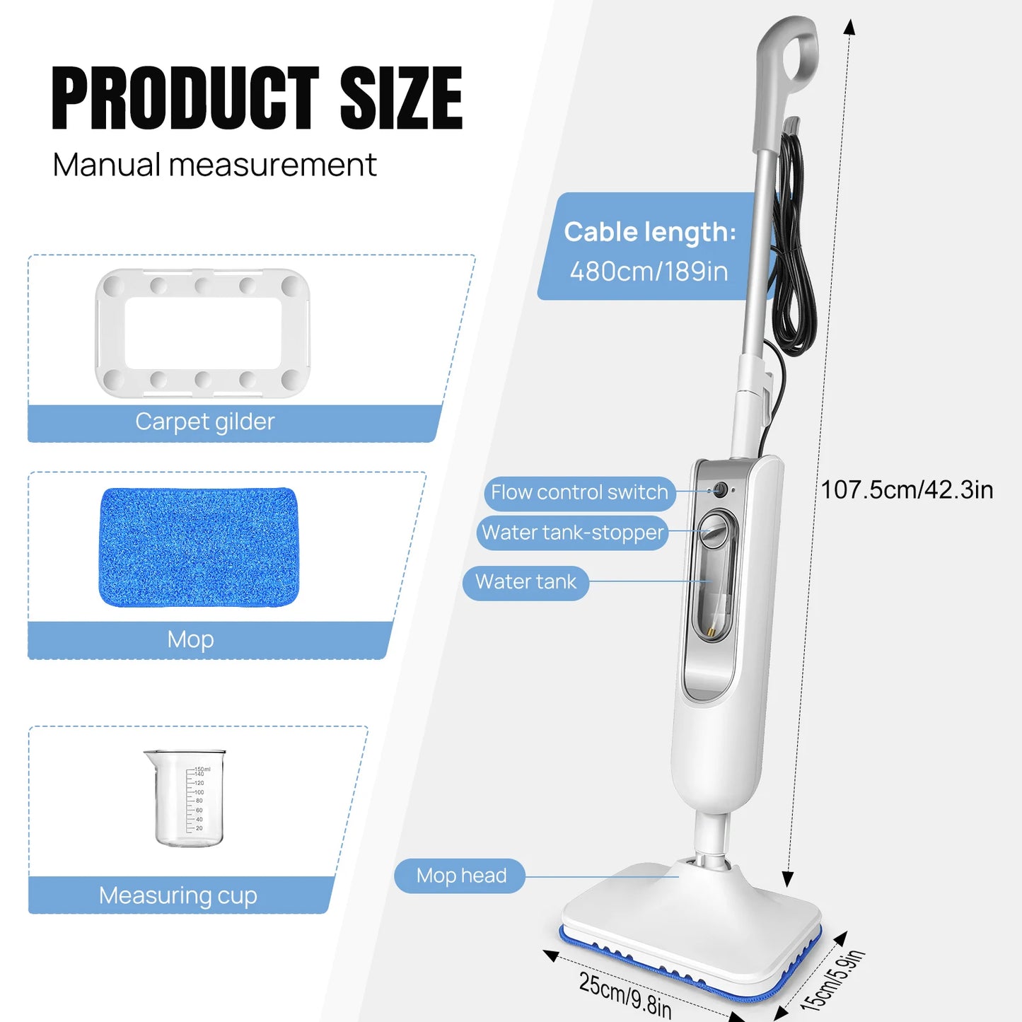 1500W Electrci Steam Cleaner with 400ML Water Tank, 2 Speed Adjusable, 20s Fast Heating Up, 2 Floor Cloth, 4.8m Cable