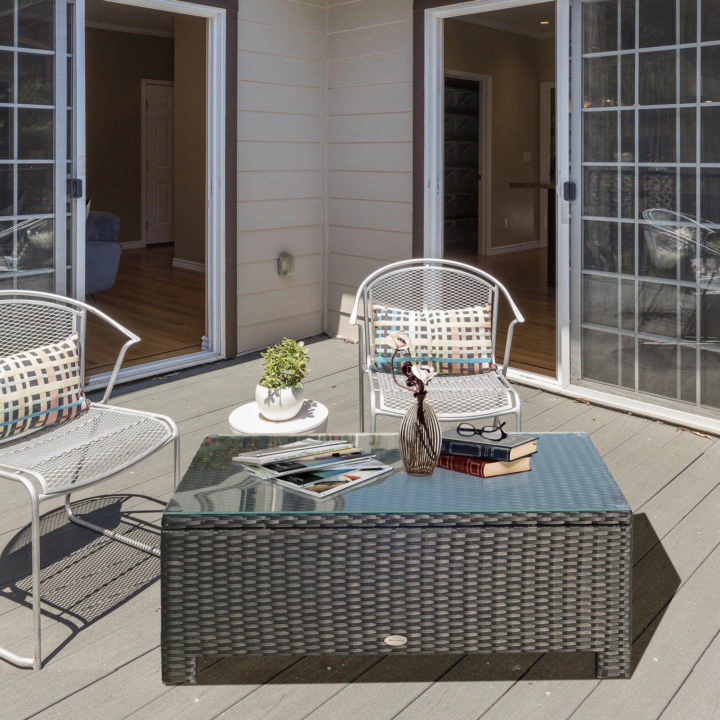 Rattan Wicker Coffee Table Patio Furniture w/ Glass Top Brown