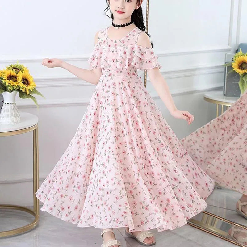 Girls Sweet Flower Princess Dress Summer Puff Sleeve Floral Girl Casual Dresses New Korean Fashion Children's Clothing Vestidos