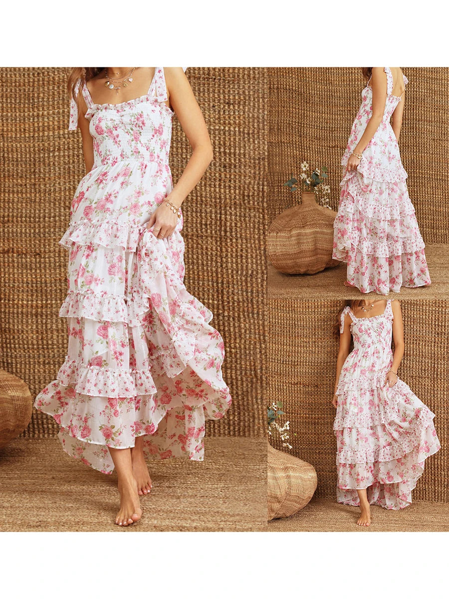 Elegant Sleeveless Floral Print Maxi Dress with Tiered Ruffle Detail and Adjustable Tie-Shoulder Straps for Women