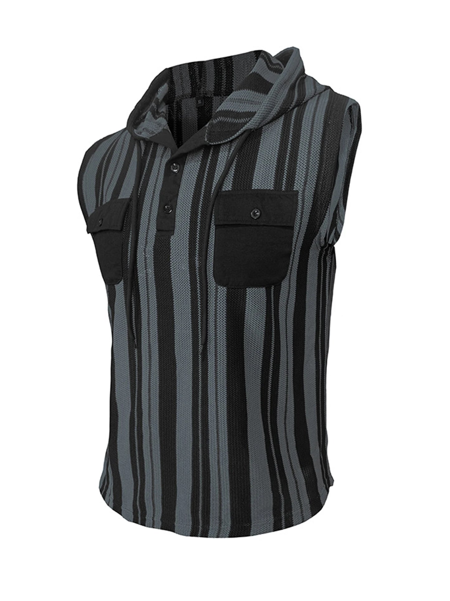 Men s Stylish Sleeveless Striped Tank Top with Hood and Drawstring Casual Button-Up Vest Featuring Pockets for Summer Wear