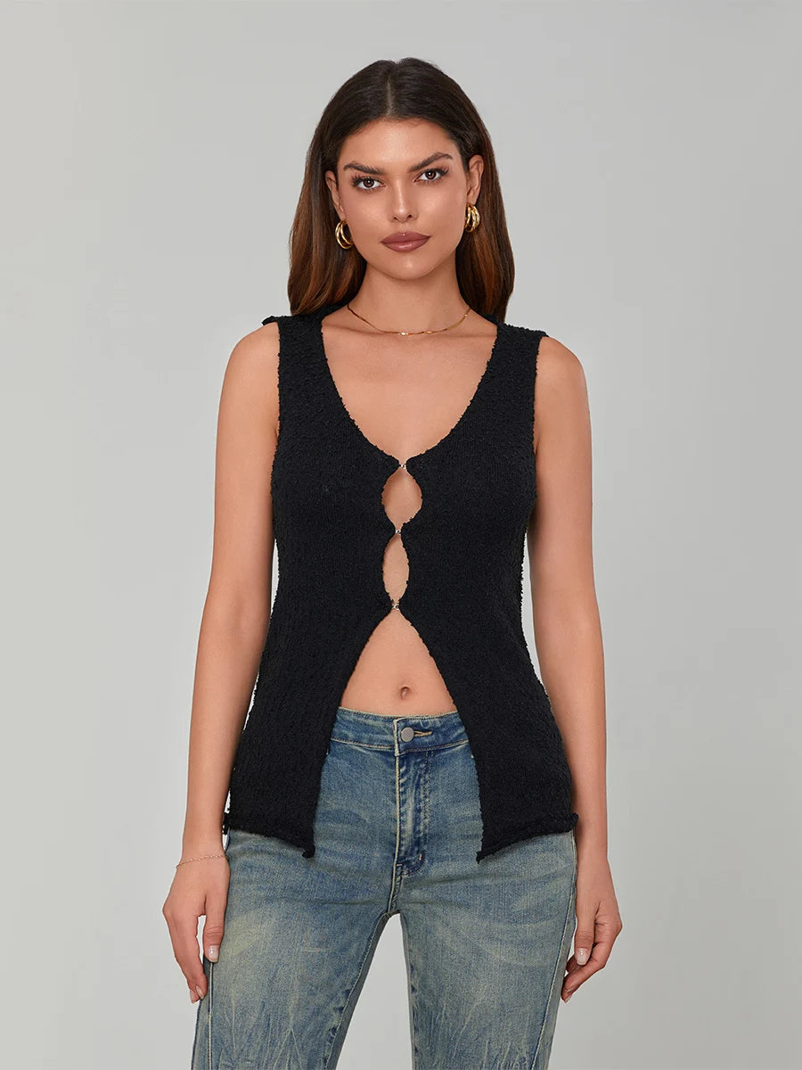Women Knit Vests Solid Color V-Neck Sleeveless Hollow-Out Front Sweater Vests Pullovers Casual Tank Tops Streetwear