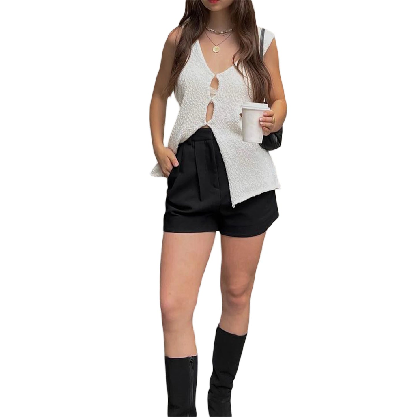 Women Knit Vests Solid Color V-Neck Sleeveless Hollow-Out Front Sweater Vests Pullovers Casual Tank Tops Streetwear