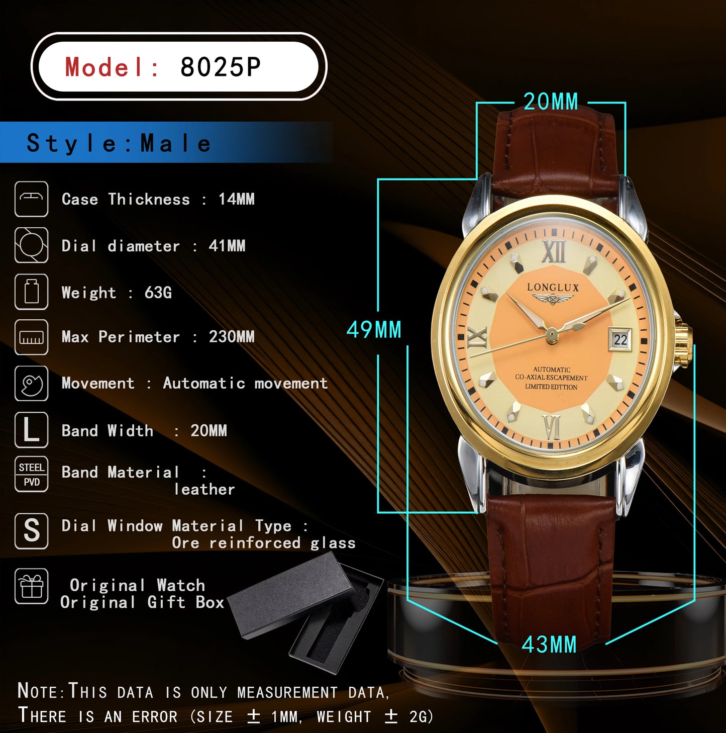 LONGLUX automatic man watch business leisure dating mechanical wristwatches day date waterproof leather mens watch men gift