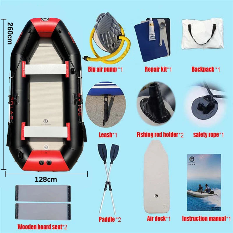 PVC Inflatable Fishing Boat for 4 Person, Rowing Kayak, 2.6m Canoe, Dinghy, Hovercraft, Air Deck Bottom