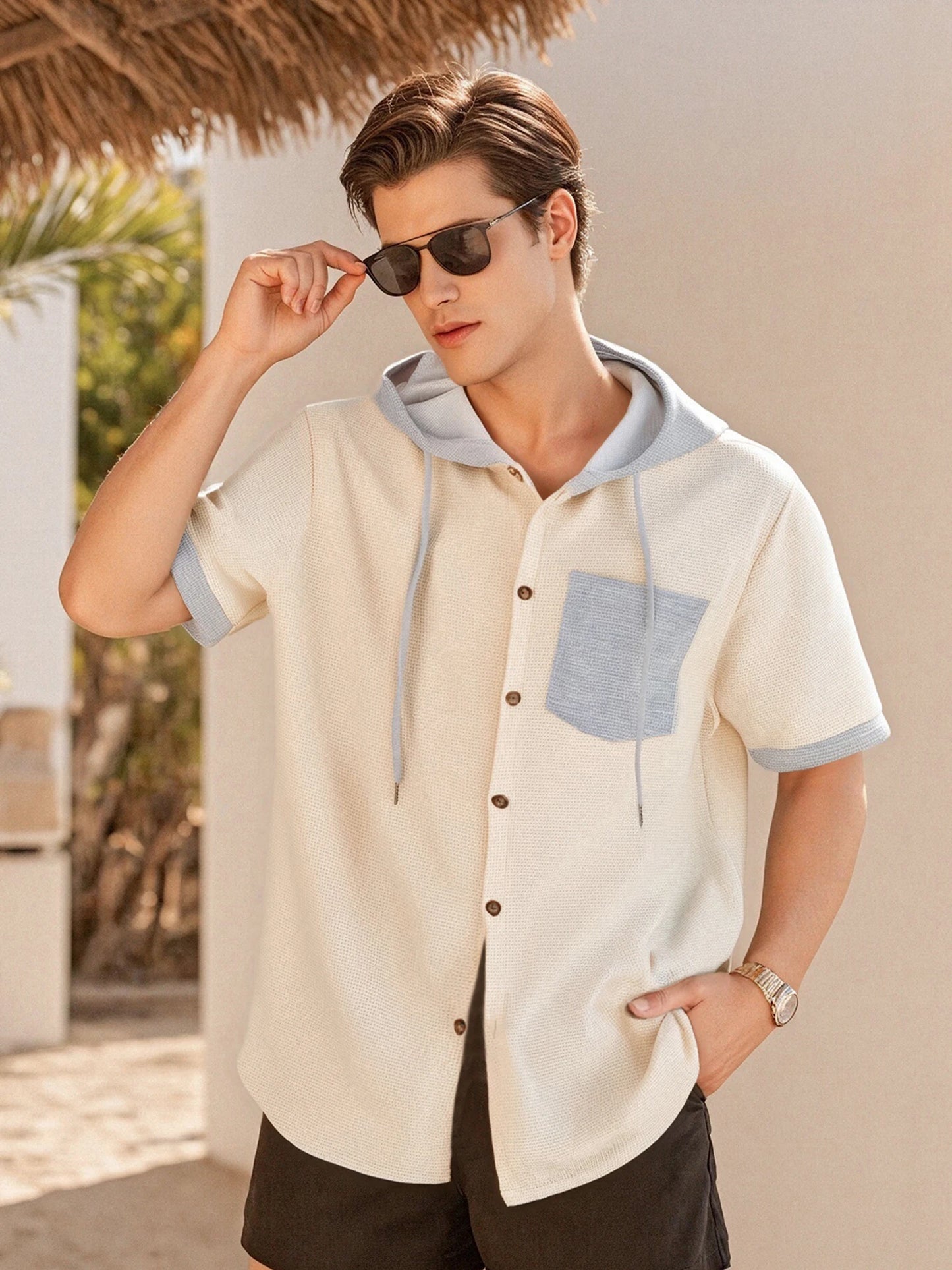 Men s Patchwork Drawstring Hooded Button Down Short Sleeve Waffle Hoodies T-Shirts Casual Tops for Summer Fashion Style