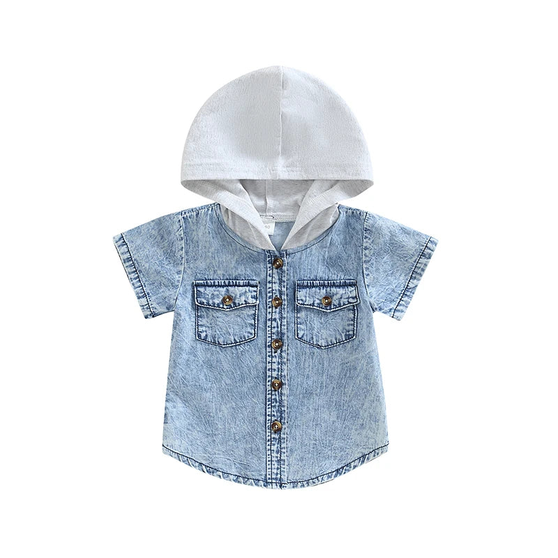 Boys Short Sleeve Hooded Shirt with Button Closure and Pockets Summer Top for Casual Daily Wear Kids Fashion Trend