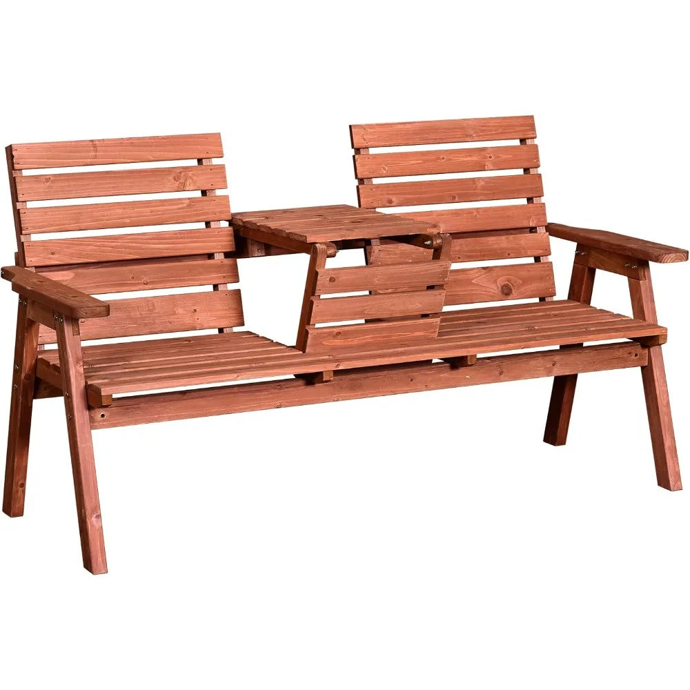 2 Seater Wooden Garden Bench with Convertible Middle Table, Outdoor Three-Seater Bench for Patio, Park, Porch and Yard