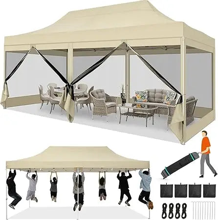 10x20 Heavy Duty Pop Up Canopy Tent with 6 Sidewalls, Commercial Gazebo Party Tent with Mosquito Netting Wall Easy Set Up Outdo