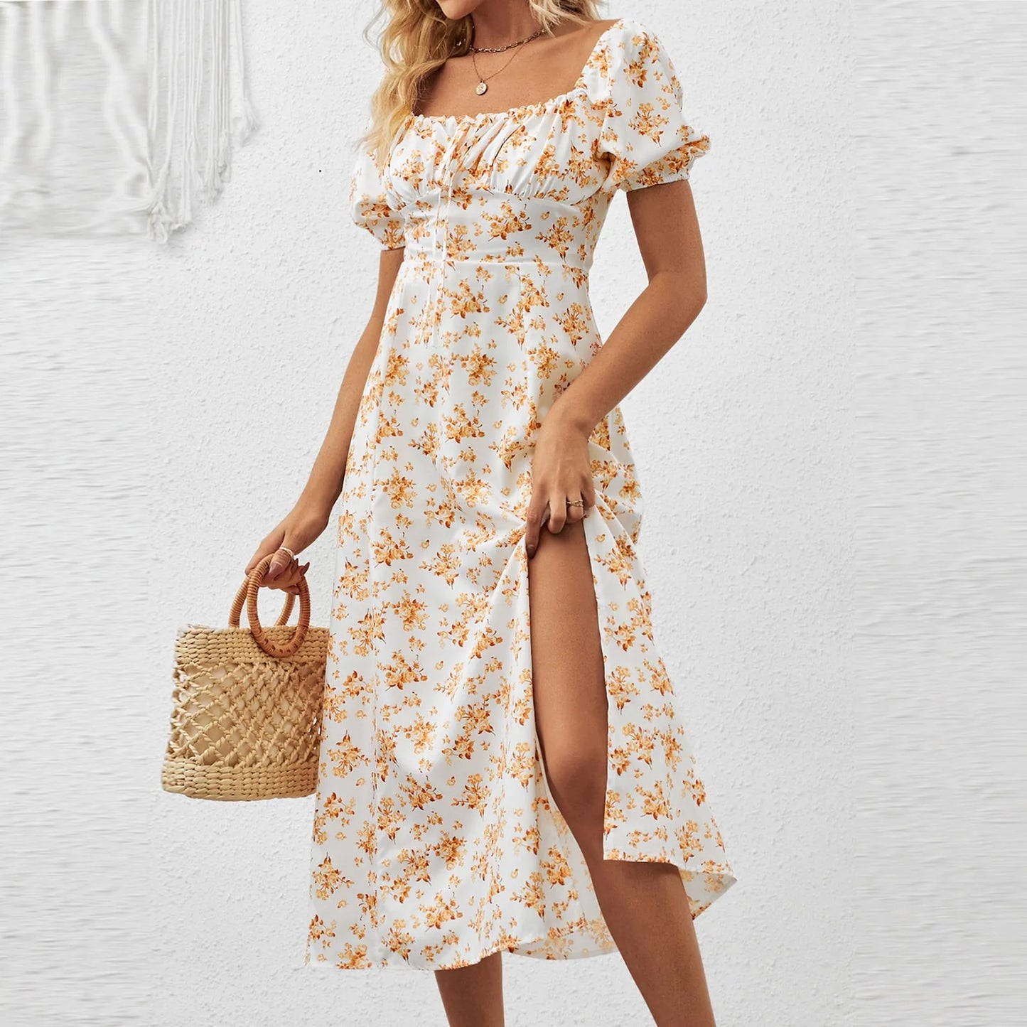 Women'S Summer New Dress Fashionable Solid Color High Waist Dress Floral Printed Short Bubble Sleeve Square Neck Dresses