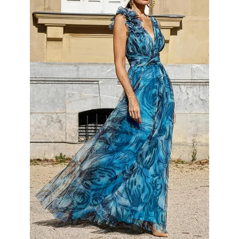 Boho Floral Maxi Dress Women - Gradient Blue V-Neck Sleeveless Puff Sleeve Beach Party Dress with Ruffled Lace Hem