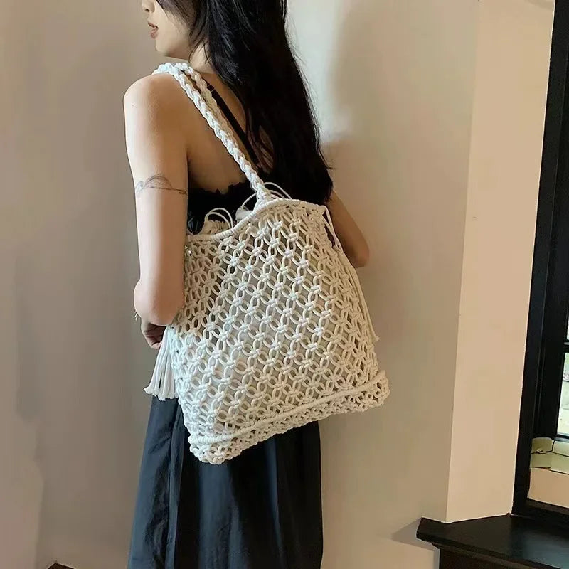 Fashion Handmade Woven Bag Tassel Accessories Summer Woven Solid Color Shoulder Bag Large Tote Bag