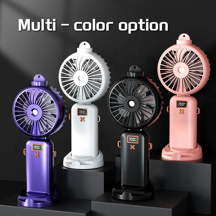 New Mini Hanging Neck Small Fan Spray Mist Cooler Fan Humidifying Foldable Handheld Digital Display Fan With Phone Holder